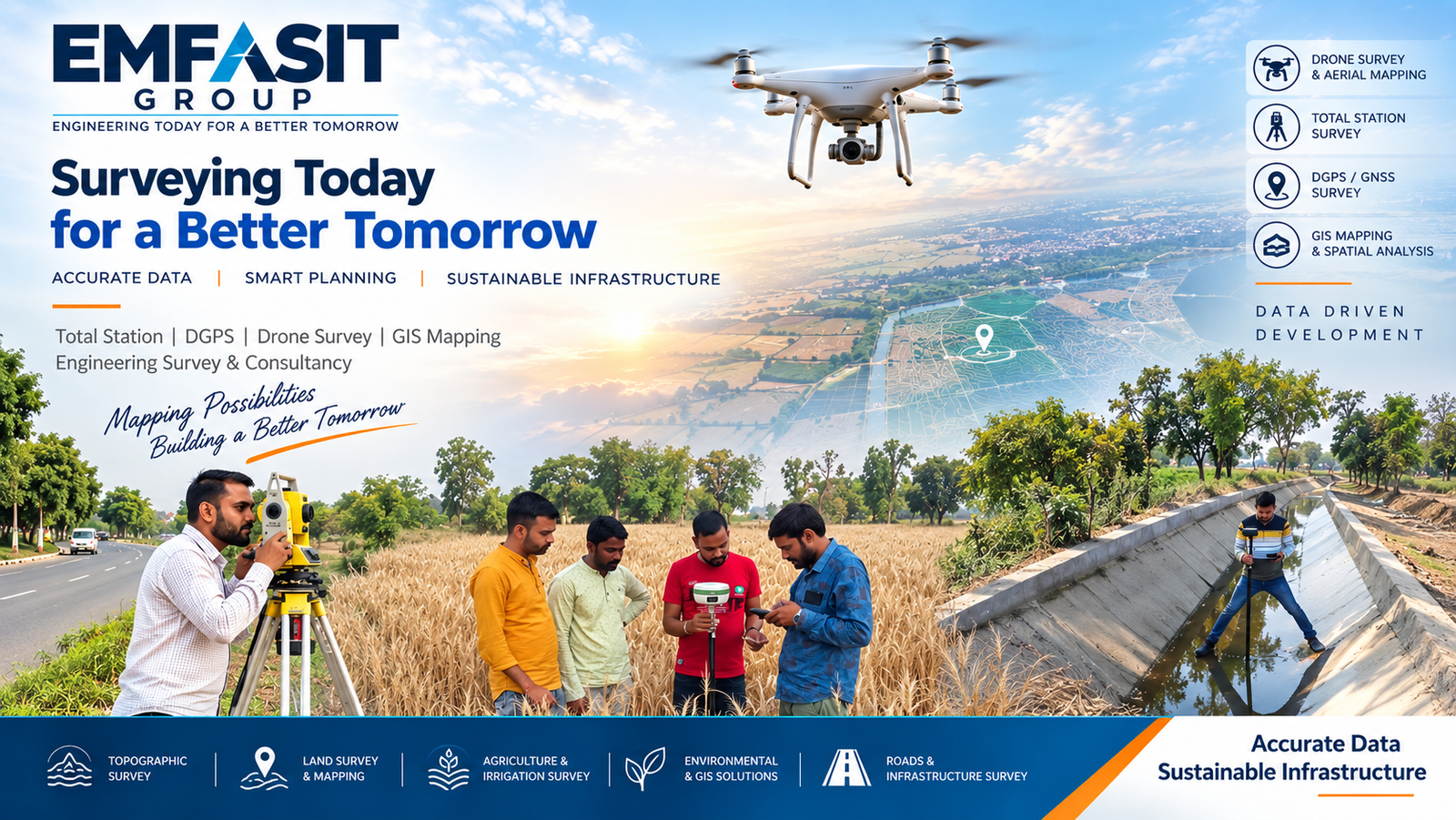 EMFASIT survey capabilities: drone survey, total station, DGPS/GNSS and GIS mapping